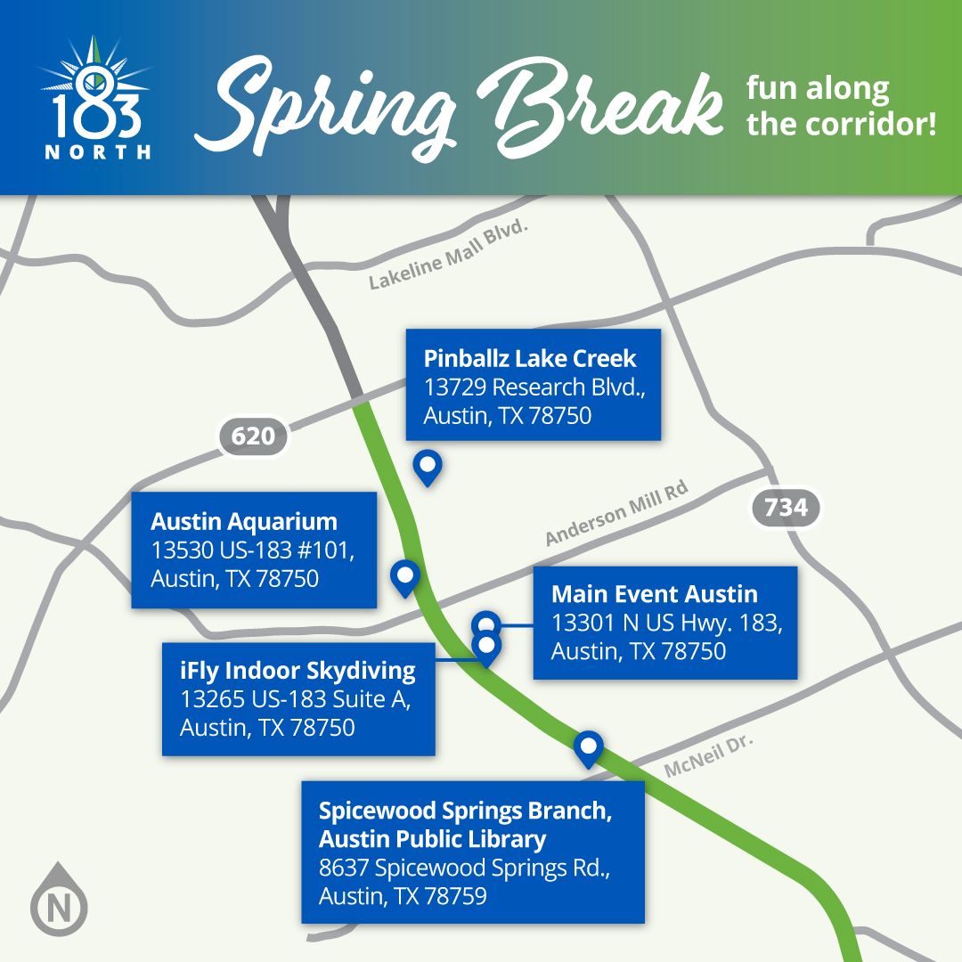 A map with the words, “Have fun along the corridor this spring break!” showing locations along the 183 North Mobility Project with indoor activities: the Austin Aquarium, Main Event Austin, iFly Indoor Skydiving, the Austin Public Library, and Pinballz.